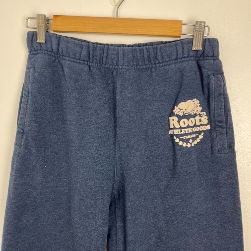 Roots Athletic Cotton Blue Sweatpants FLAW w/ Small 1" hole - Picture 4 of 12